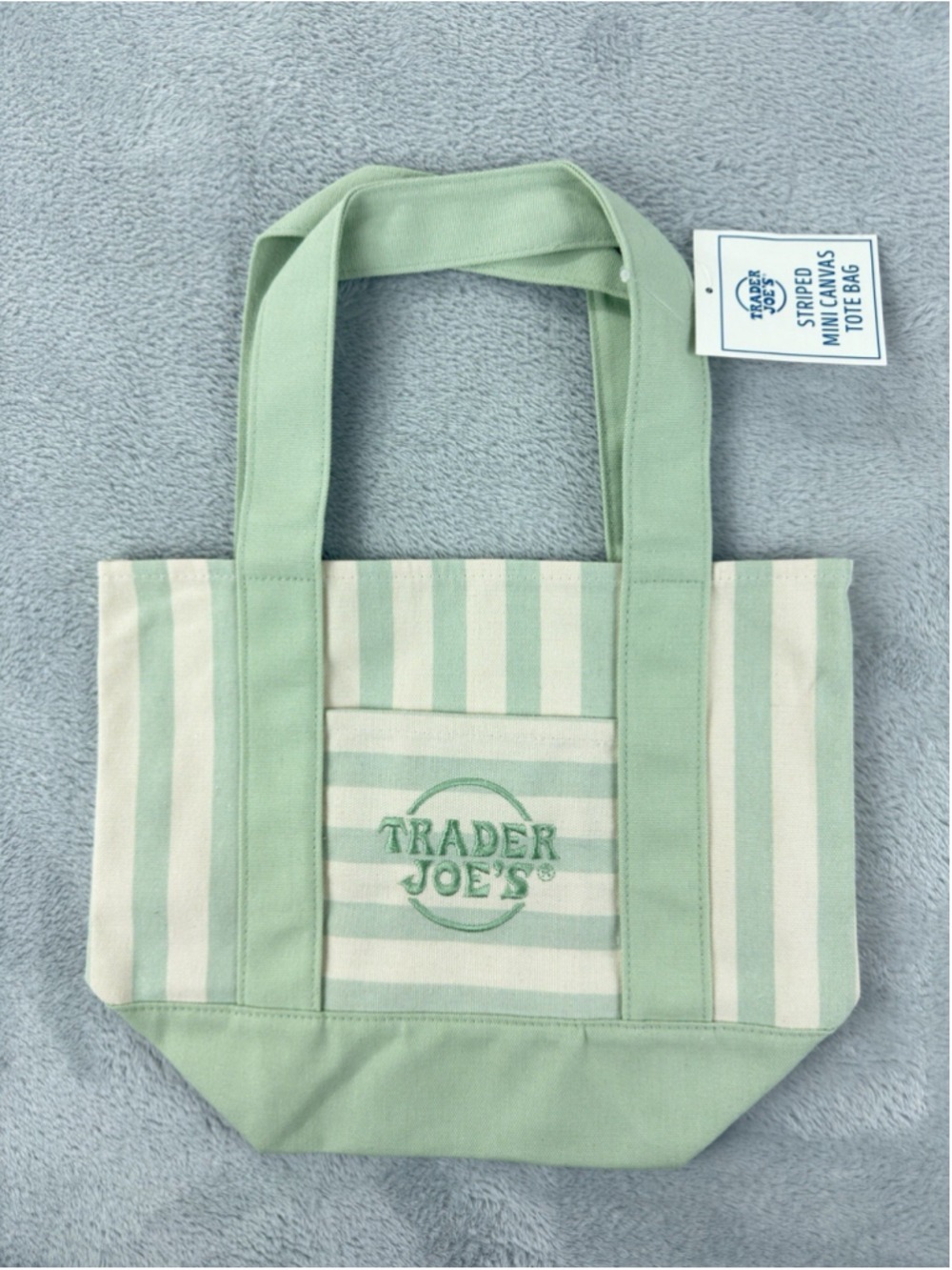 Trader Joe's Mini Canvas Bag Light Green White Stripes - Picture 3 of 10